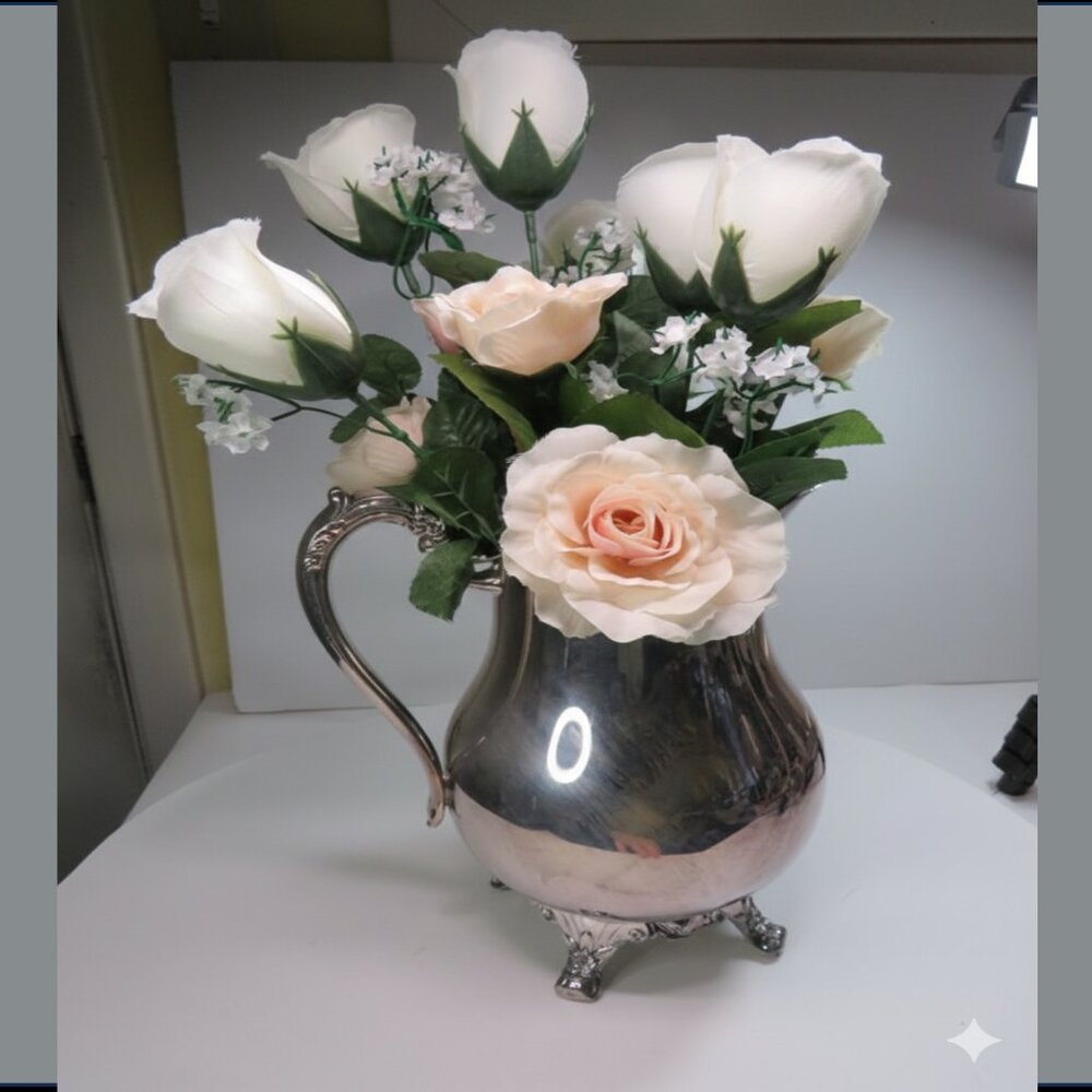 Silver Plated Water Pitcher FB Rogers pattern 3707 with Pale Pink & White Roses